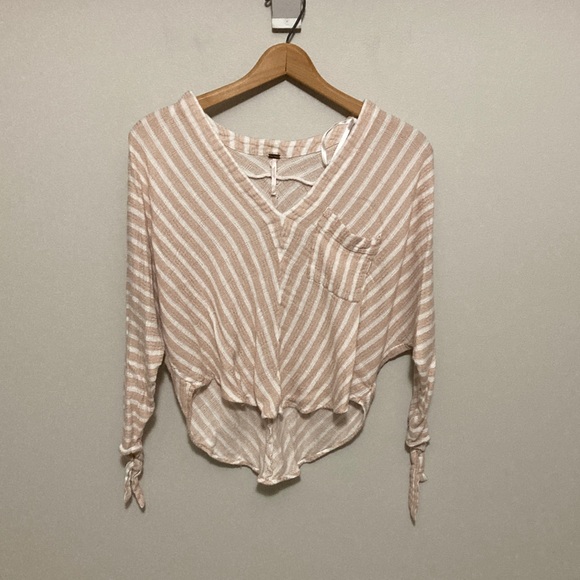 Free People Tops - Free People Tan Striped Blouse, gauze top V-neck, single pocket, Size small